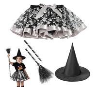 FxaumsGxuk Disfraz de bruja para niñas | Disfraz de bruja para niña, conjunto de 3 piezas, accesorios de traje con sombrero, escoba, falda para cumpleaños, bailes de máscaras, carnaval, fotografía