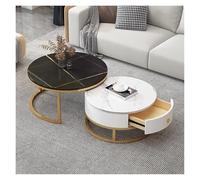 FXLUHAY Juego de 2 mesas auxiliares apilables con cajones - Mesa de Centro Moderna con Estructura metálica Color Pizarra for Dormitorio o Sala de Estar(Gold Frame+Black+White)