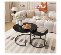 FXLUHAY Juego de 2 mesas auxiliares apilables Redondas de 70 cm (27,6 Pulgadas) con Tapa de Madera con patrón de mármol y Estructura metálica Resistente.(Black)