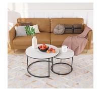FXLUHAY Juego de 2 mesas auxiliares apilables Redondas de 70 cm (27,6 Pulgadas) con Tapa de Madera con patrón de mármol y Estructura metálica Resistente.(White)