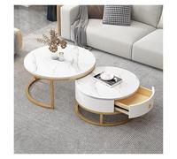 FXLUHAY Juego de 2 mesas auxiliares Nido Redondas Modernas con cajón, Textura de Pizarra y mármol, Estructura metálica, Ideales for Sala de Estar o Dormitorio.(Gold Frame+All White)