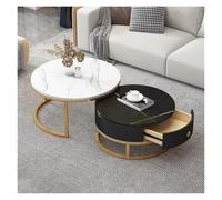 FXLUHAY Juego de 2 mesas de Centro apilables Modernas con cajones, Textura de Pizarra y mármol, Estructura metálica. Elegantes mesas auxiliares for sofá o Sala de Estar.(Gold Frame+White+Black)