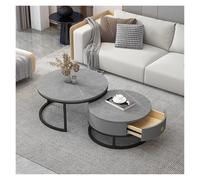 FXLUHAY Juego de 2 mesas de Centro apilables Modernas con cajones, Textura de Pizarra y mármol, Estructura metálica, Elegantes mesas auxiliares for sofá.(Black Frame+All Gray)