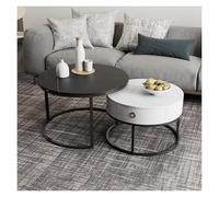 FXLUHAY Juego de 2 mesas de Centro apilables Modernas de Pizarra, 61 cm (24 Pulgadas), con cajón de Almacenamiento. Mesa Redonda apilable.(Black Frame+Black+White)