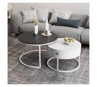 FXLUHAY Juego de 2 mesas de Centro Modernas de Pizarra, mesas auxiliares apilables de 60 cm con Almacenamiento, Mesa Redonda for Espacios pequeños(White Frame+Black+White)