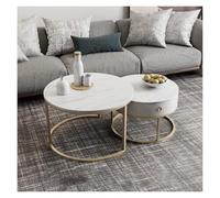 FXLUHAY Juego de 2 mesas de Centro Modernas de Pizarra, mesas auxiliares apilables de 60 cm con Almacenamiento, Mesa Redonda for Espacios pequeños(Gold Frame+White Desktop)