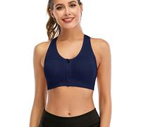 FXTYK Sujetador deportivo con cremallera frontal, sujetador de posturgery, sujetador de yoga, entrenamiento, fitness, ropa activa, espalda cruzada, sujetador acolchado para mujer, azul marino, M