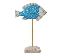 Fxzqgnh Figura de pez, estatua de pez en soporte de madera, decoración rústica, escultura hecha a mano, adecuada para sala de estar, estante, oficina, decoración del hogar, regalo, azul claro