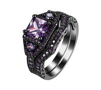 Fycakly Anillo de acero inoxidable, 2 piezas, cuadrado, negro y morado, circonita cúbica, anillo de compromiso con diamantes de imitación, anillo de compromiso negro, circonita completa, solitario 5