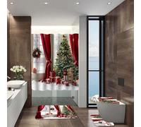 Fycakly Juego de cortinas de ducha navideñas con manta antideslizante, asiento de inodoro y alfombrilla de baño, 4 piezas, decoración de baño Navidad5 01