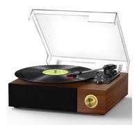 FYDEE Tocadiscos de Vinilo, Nogal Americano - Altavoces Integrado y Entrada Bluetooth, 3 Velocidades (33/45/78 RPM), Salida RCA para Dispositivos Externos, Diseño Vintage