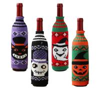Fyearfly Juego de 4 fundas para botellas de vino de punto de Halloween, calabaza, fantasma, calavera, gato negro, para decoración del hogar y fiesta