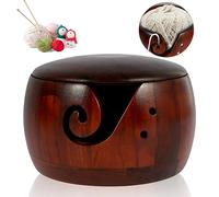 Fyeme Cuenco de hilo para lana, 15 × 15 × 8 cm, cuenco de madera con agujeros, portátil, reutilizable, evita enredos, para proyectos de ganchillo, entusiastas del ganchillo (oscuro + cubierta)