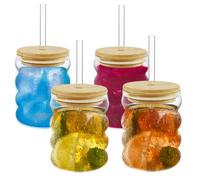 Fyeme Juego de 4 vasos acanalados con pajitas de cristal, 300 ml, con tapa de bambú, vasos de agua, vasos de agua, vasos acanalados para cócteles, agua, limonada, té con leche, café