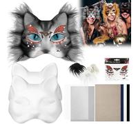 Fyeme Juego de 6 máscaras de gato DIY con pintura en blanco, gasa blanca y negra, pegatinas de animales, tiras de fieltro para fiestas de Navidad, representaciones teatrales, juegos de rol (gris)