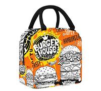 FYFLNO Bolsa de almuerzo para el menú de la tienda de hamburguesas dibujada a mano, bolsa de almuerzo para mujer, bolsa térmica de apertura ancha, impermeable, a prueba de fugas, organizador de