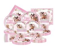 FYFLYMT 80 piezas Vajilla Fiesta Caballo, Decoración Cumpleaños Caballo Rosa, Vajilla Fiestas Temáticas y Cumpleaños, Platos Papel,Vasos, Servilletas Mantel Para 20 invitados