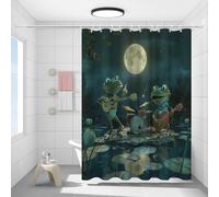 FYFMUSHE Cortina de ducha vintage con diseño de rana y guitarra, para baño, diseño de luna y hojas de estanque, tela de poliéster impermeable, con 12 ganchos, decoración de privacidad para bañera, 183