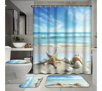 FYFMUSHE Juego de 4 piezas de baño de estrellas de mar y conchas con cortina de baño y alfombras, paisaje de playa, moderno y hermoso juego de cortina de ducha con alfombra, tapete de baño, tapete en