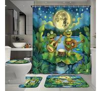 FYFMUSHE Juego de 4 piezas de cortina de baño de rana de dibujos animados con cortina de baño y alfombras, diseño de hojas rústicas, guitarra, luna, paisaje, bañera, cortina de ducha con alfombra