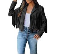 FYHTC Abrigo de Ante Sintético para Mujer Chaqueta con Flecos Estilo Western de Moda para Otoño Chaqueta de Moto con Borlas Halloween(Black,Small)