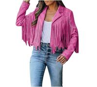 FYHTC Abrigo de Ante Sintético para Mujer Chaqueta con Flecos Estilo Western de Moda para Otoño Chaqueta de Moto con Borlas Halloween(Red-C,XXX-Large)