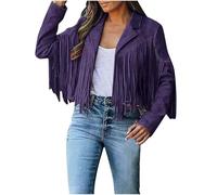 FYHTC Abrigo de Ante Sintético para Mujer Chaqueta con Flecos Estilo Western de Moda para Otoño Chaqueta de Moto con Borlas Halloween(Dark Purple,X-Large)