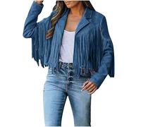 FYHTC Abrigo de Ante Sintético para Mujer Chaqueta con Flecos Estilo Western de Moda para Otoño Chaqueta de Moto con Borlas Halloween(Dark Blue,XX-Large)