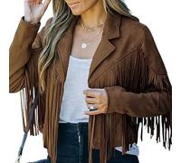 FYHTC Chaqueta de Ante Sintético con Flecos para Mujer Top con Flecos Estilo Western para Concierto Chaqueta Corta de Moto Vaquera con Solapas(Brown,Large)
