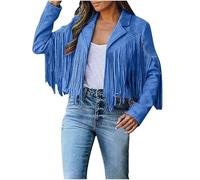 FYHTC Chaqueta de Ante Sintético con Flecos para Mujer Top con Flecos Estilo Western para Concierto Chaqueta Corta de Moto Vaquera con Solapas(Light Blue,XX-Large)