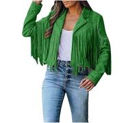 FYHTC Chaqueta de Ante Sintético con Flecos para Mujer Top con Flecos Estilo Western para Concierto Chaqueta Corta de Moto Vaquera con Solapas(Dark Green,XXX-Large)