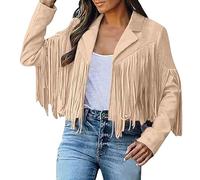 FYHTC Chaqueta de Ante Sintético con Flecos para Mujer Top con Flecos Estilo Western para Concierto Chaqueta Corta de Moto Vaquera con Solapas(Apricot,X-Large)