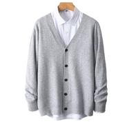 FYHTC Suéter Cárdigan de Lana Merino con Cuello en V para Hombre Casual Suelto Cómodo Básico de Punto(Light Gray,X-Large)