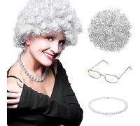 Fyihoxi 3 Piezas Peluca Abuela, Disfraz Abuela, Old Lady Costume, Cosplay Abuela, Accesorios para Disfraz de Abuela Peluca Cap Gafas Gafas Chains Strap Collar de Perlas