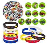 FYJCXCMP Pulsera de Goma Monster Truck Pulsera Dibujos Animados Party Decoración, Insignia de Pines, Pegatina, Blaze y Las máquinas monstruosas Suministros para Fiestas, Regalos para Niños 70 Piezas