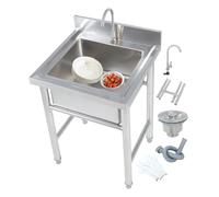 FYLDQAXU Fregadero de acero inoxidable independiente, fregadero comercial exterior 304 con grifo, estación de lavado de manos de gran capacidad para garaje, restaurante, lavandería (60 cm)
