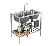 FYLDQAXU Fregadero de cocina independiente de acero inoxidable para restaurante comercial, fregadero de doble tazón para exteriores con grifo