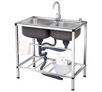 FYLDQAXU Fregadero de servicio de acero inoxidable con doble bañera, fregadero de cocina comercial independiente para restaurantes con grifo caliente y frío para lavandería, garaje, bar cafetería, 83
