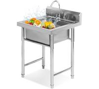 FYLDQAXU Fregadero individual de acero inoxidable 304, fregadero grande para restaurante comercial independiente, juego con grifo, lavabo para lavar a mano para interiores y exteriores (60 cm)