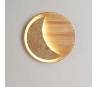 FYMLP 11.8in Round Wood Wall Sconces Japanese Style Retro Yellow Travertine Wall Light 24W 3000K Wall Lamps for Bedside Hallway Bedroom Doorway(Solid Wood)