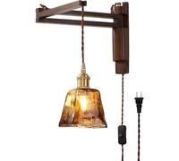 FYMLP Bedside Plug in Reading Light Nordic Retro Walnut Swing Arm Wall Sconces Mid Century Amber Glass Shade Wall Lamp for Bedroom Kitchen Island Farmhouse