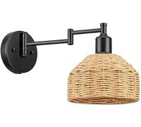 FYMLP Boho Rattan Handwoven Wall Sconces Adjustable Swing Arm Wall Lamps Retro Black Iron Wall Light for Bedside Hallway Bedroom Doorway