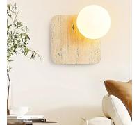 FYMLP Japanese Style Simple Wall Sconces Mini Globe Glass Shade Wall Light Square Yellow Travertine Wall Lamps for Bedroom Bathroom Mirror Hallway