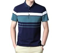 FYMLP Mens Vacation Striped Golf Polo Shirt Summer Breathable Beach Short Sleeve Top(Blue,L)
