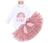 FYMNSI Conjunto de 3 piezas con falda tutú y tutú de arcoíris bohemio para el primer segundo cumpleaños para niña, Manga larga rosa polvoriento One, 12 meses