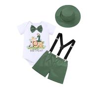 FYMNSI Conjunto de cumpleaños para bebé niño de 1 año, temática de safari en la jungla, para fiesta, con mangas cortas, body, pantalones cortos, tirantes con espalda en Y, gorro, set de 4 piezas