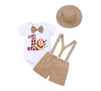 FYMNSI Conjunto de cumpleaños para bebé niño de 1 año, temática de safari en la jungla, para fiesta, con mangas cortas, body, pantalones cortos, tirantes con espalda en Y, gorro, set de 4 piezas