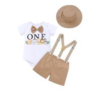 FYMNSI Conjunto de cumpleaños para bebé niño de 1 año, temática de safari en la jungla, para fiesta, con mangas cortas, body, pantalones cortos, tirantes con espalda en Y, gorro, set de 4 piezas, 12