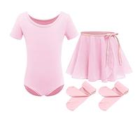 FYMNSI Conjunto de ropa de ballet para niña, de algodón, manga corta, maillot de ballet, con falda envolvente de gasa, Rosa., 6-7 Años