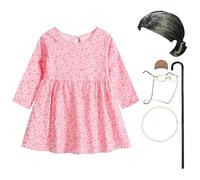 FYMNSI Disfraz de anciana para niñas y niñas, 100 días de escuela, cosplay, vestido floral de manga larga con lentes de abuela, peluca, collar, bastón de abuela, juego de 7 piezas, Rosa y gris, 4-5